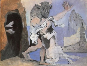 キュービズム Painting - Minotaure et jument morte devant une grotto face a une fille au voile 1936 キュビスト